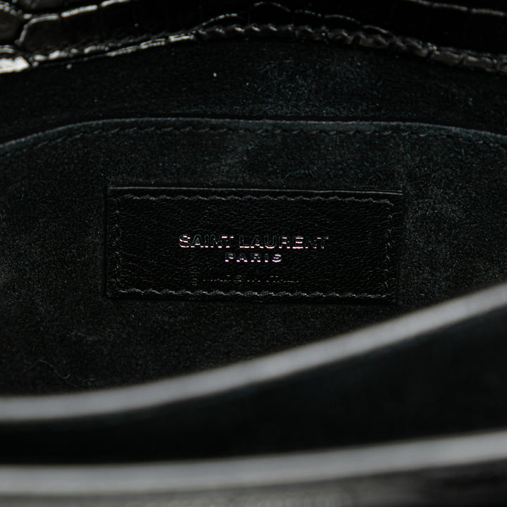 Medium Croc Embossed Leather Sunset Crossbody Black - Gaby Paris