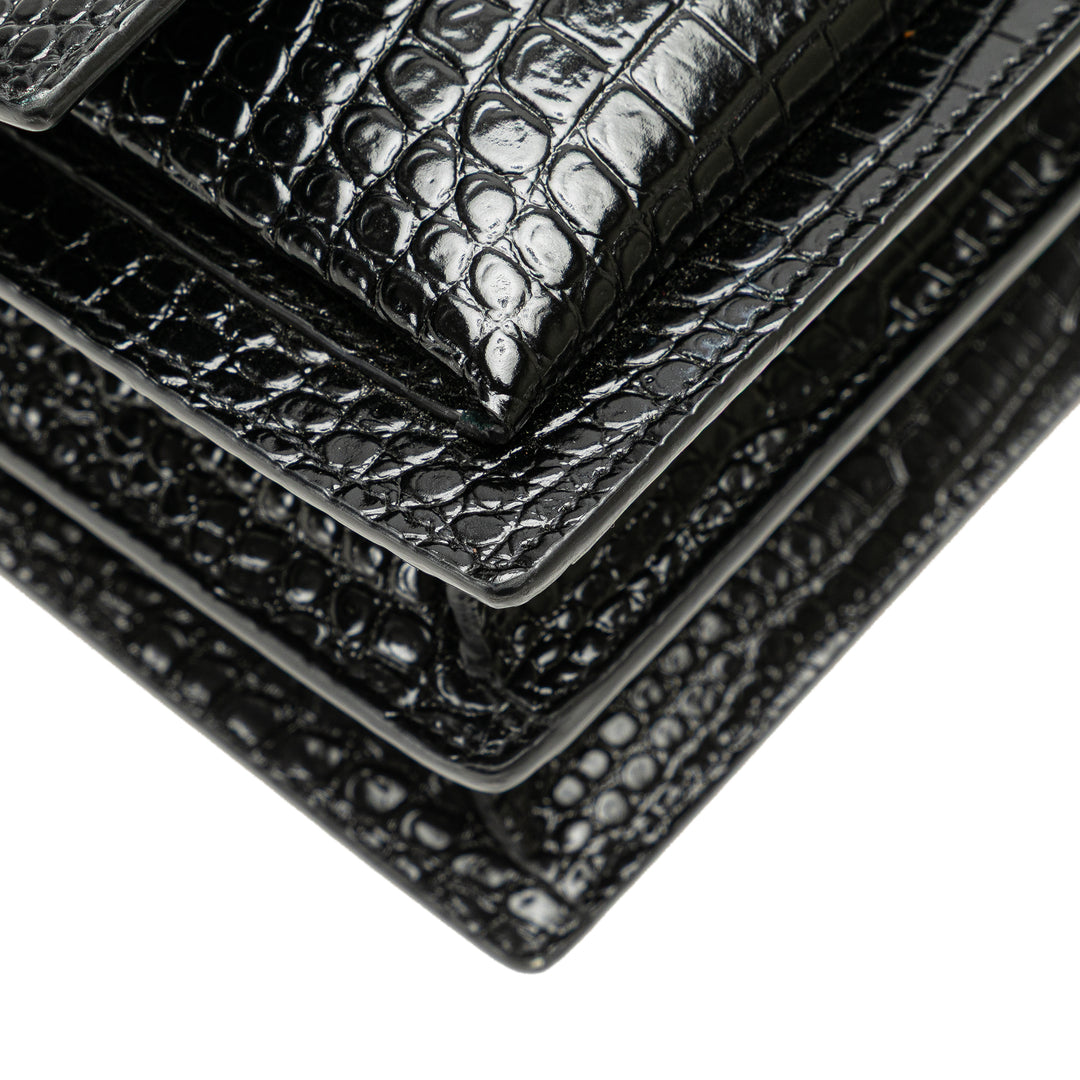 Medium Croc Embossed Leather Sunset Crossbody Black - Gaby Paris