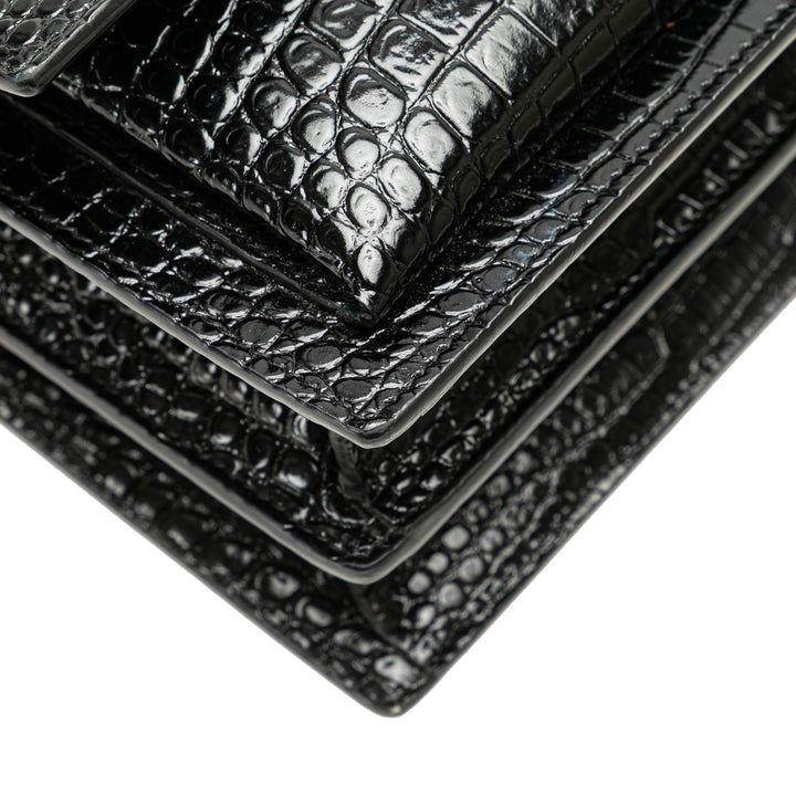 Medium Croc Embossed Leather Sunset Crossbody Black - Gaby Paris