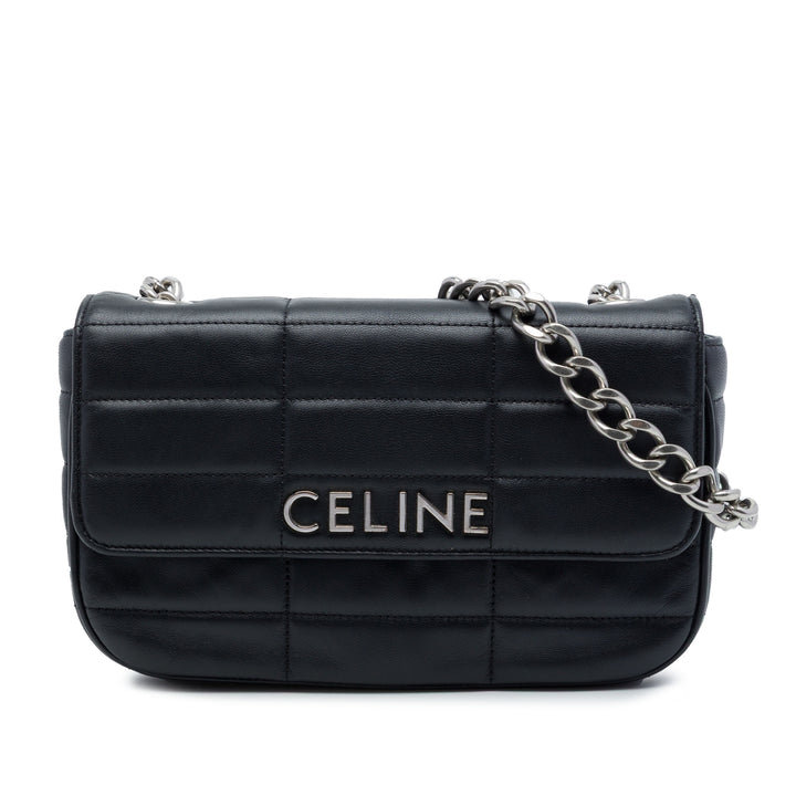 Celine Matelasse Monochrome Chaîne Sac Cuir de chèvre Noir