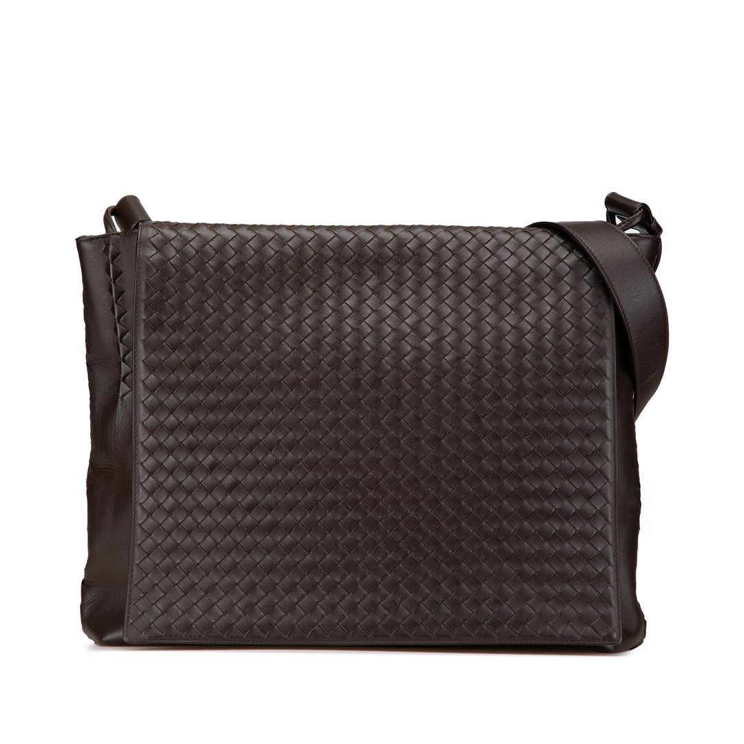 Leather Intrecciato Flap Crossbody Brown - Gaby Paris