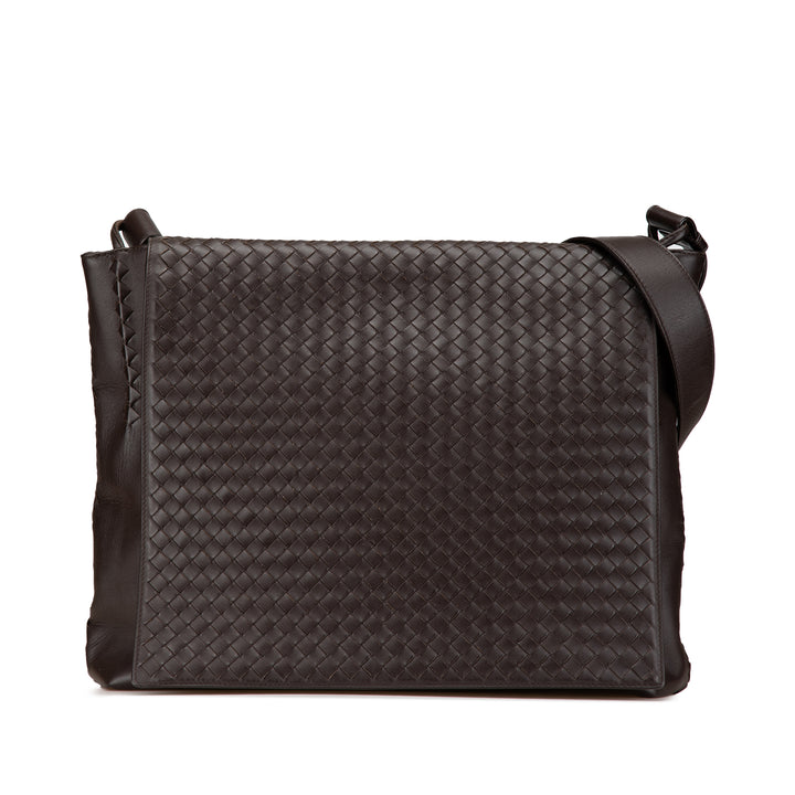 Leather Intrecciato Flap Crossbody Brown - Gaby Paris