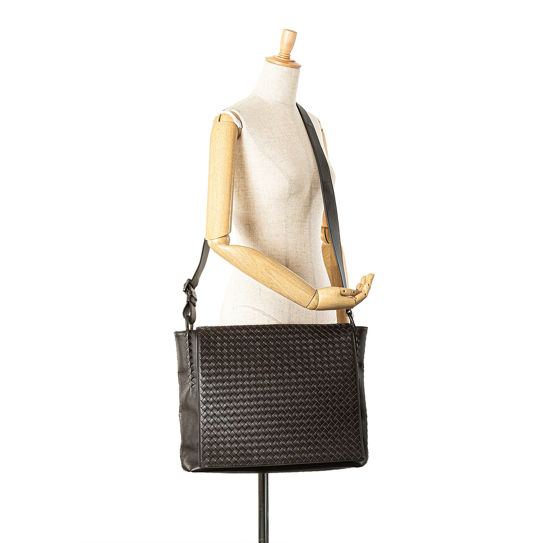 Leather Intrecciato Flap Crossbody Brown - Gaby Paris