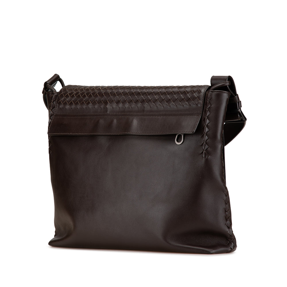 Leather Intrecciato Flap Crossbody Brown - Gaby Paris