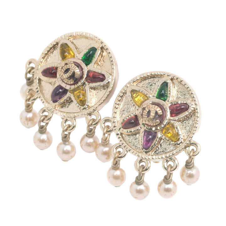 Chanel CC plaqué Gripoix et Perles fantaisie Flower Clip On Boucles d’oreilles