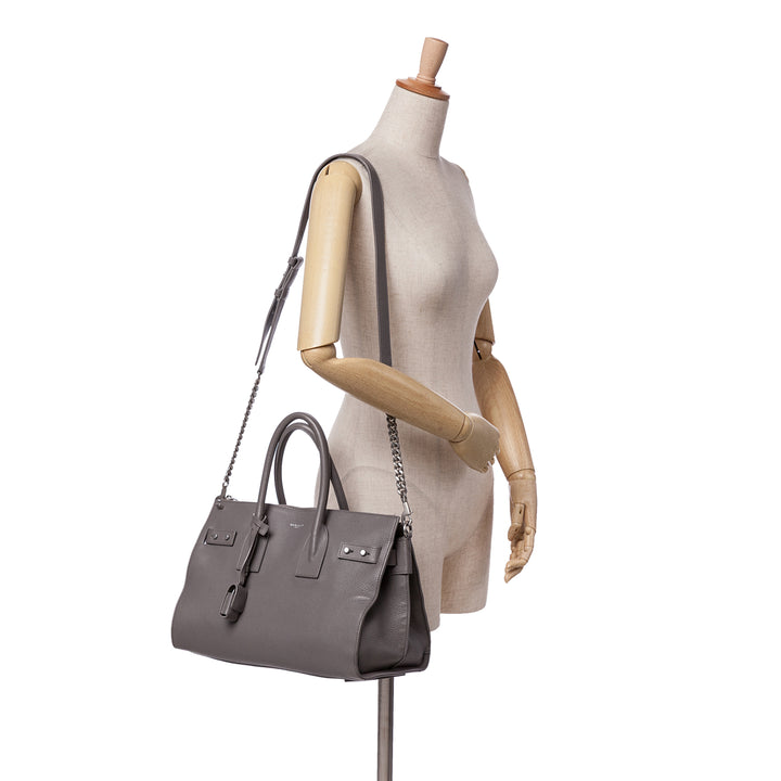 Small Grained Calfskin Supple Sac De Jour Satchel Gray - Gaby Paris