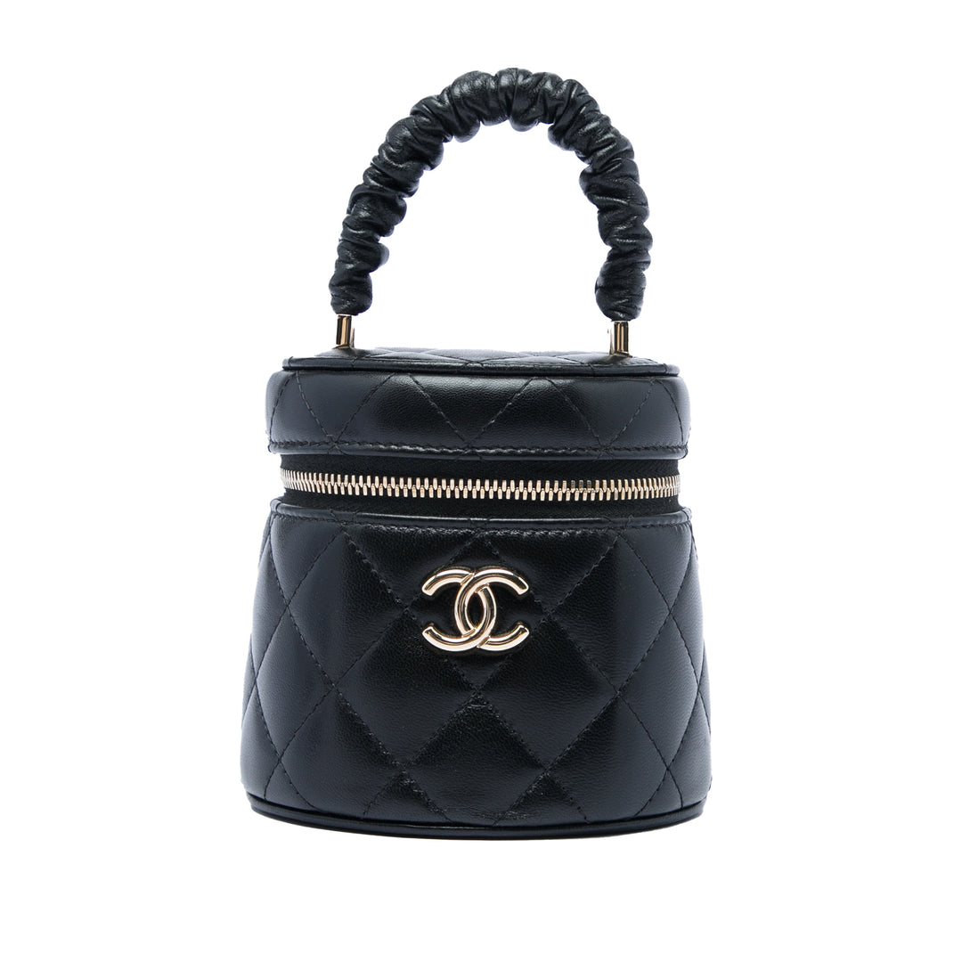 Matelassé Ruched Poignée Vanity Mini Cuir d'agneau Noir