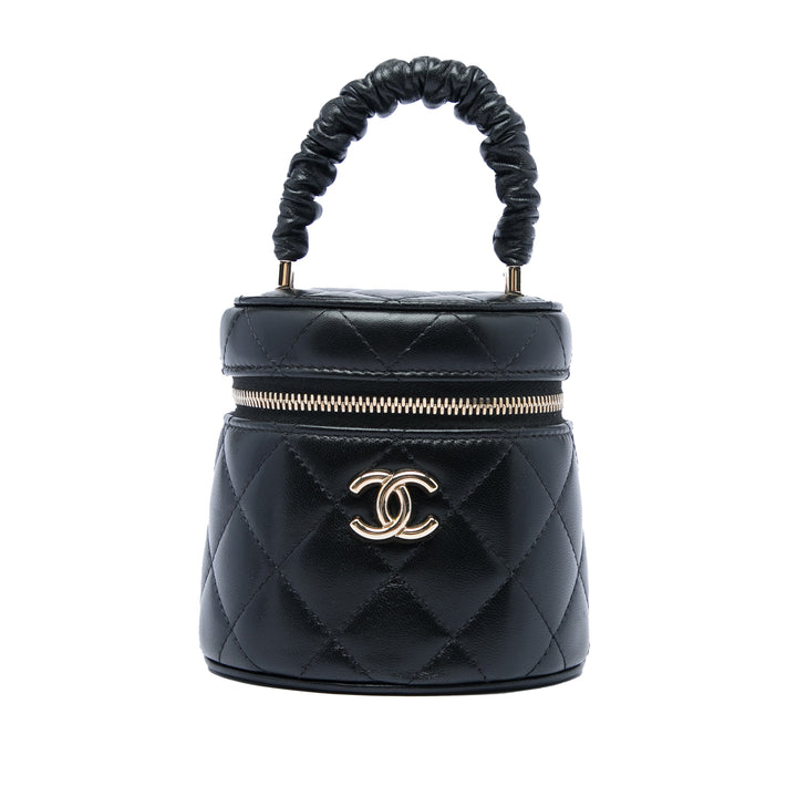 Matelassé Ruched Poignée Vanity Mini Cuir d'agneau Noir