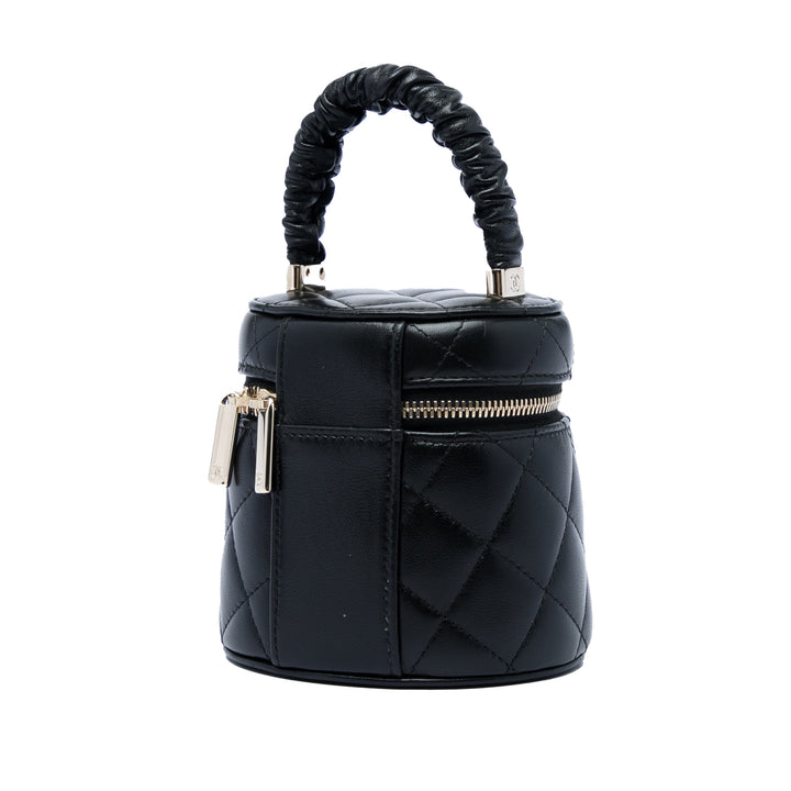 Matelassé Ruched Poignée Vanity Mini Cuir d'agneau Noir