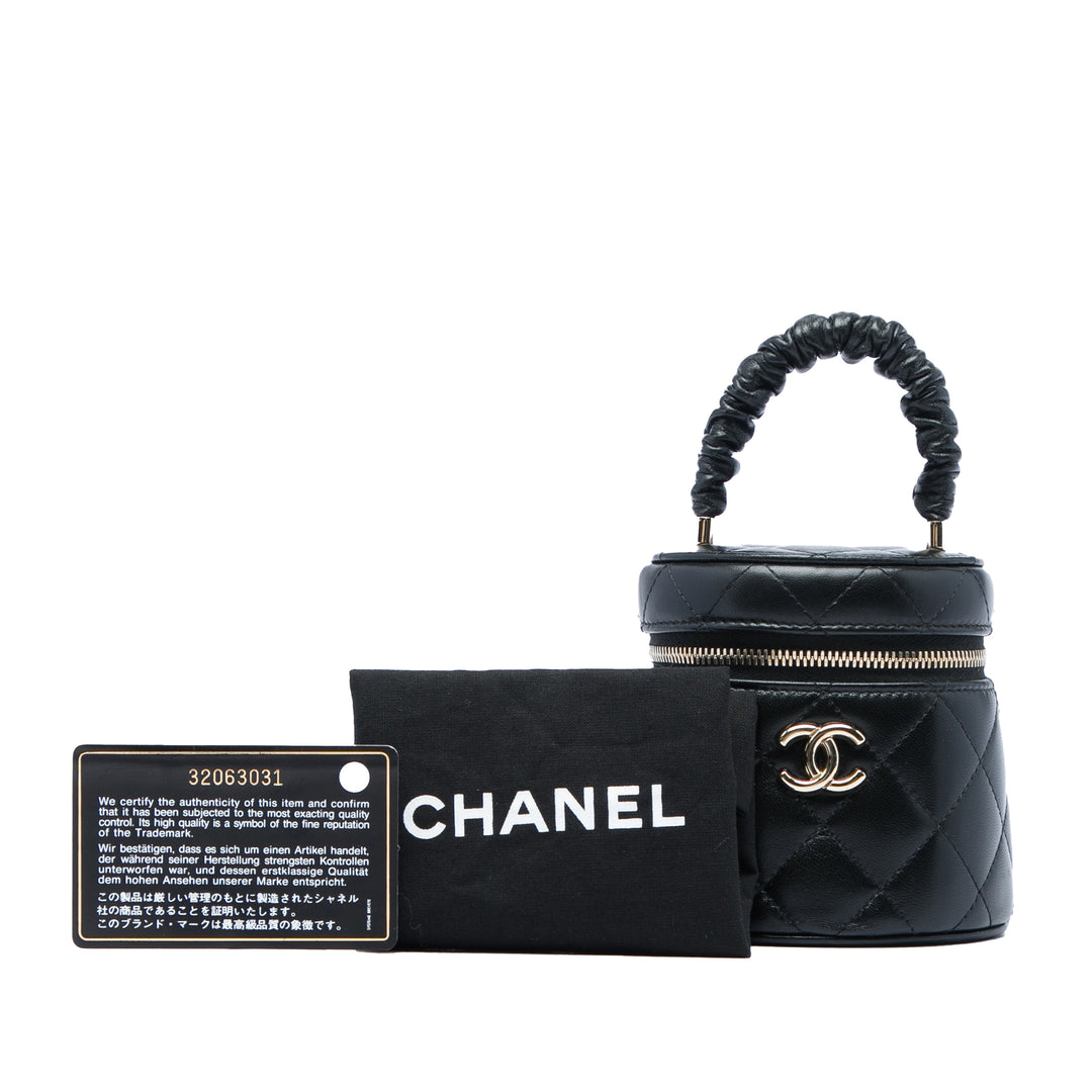 Matelassé Ruched Poignée Vanity Mini Cuir d'agneau Noir