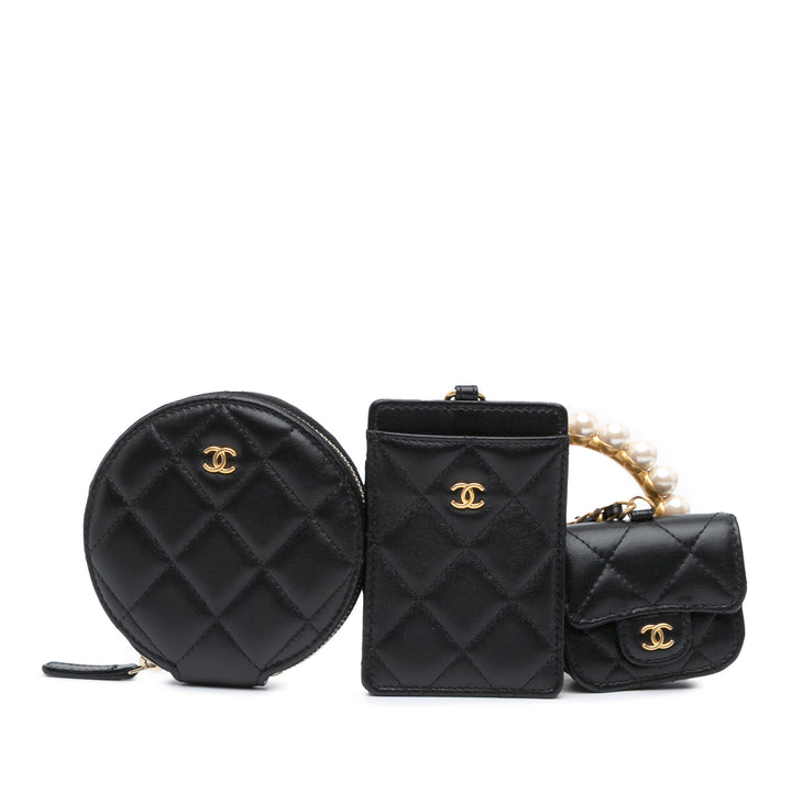 Lambskin Pearl Crown CC Wristlet Multi Pouches Black - Gaby Paris