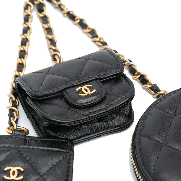 Lambskin Pearl Crown CC Wristlet Multi Pouches Black - Gaby Paris