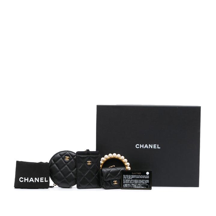 Lambskin Pearl Crown CC Wristlet Multi Pouches Black - Gaby Paris