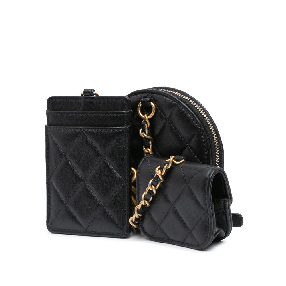 Lambskin Pearl Crown CC Wristlet Multi Pouches Black - Gaby Paris