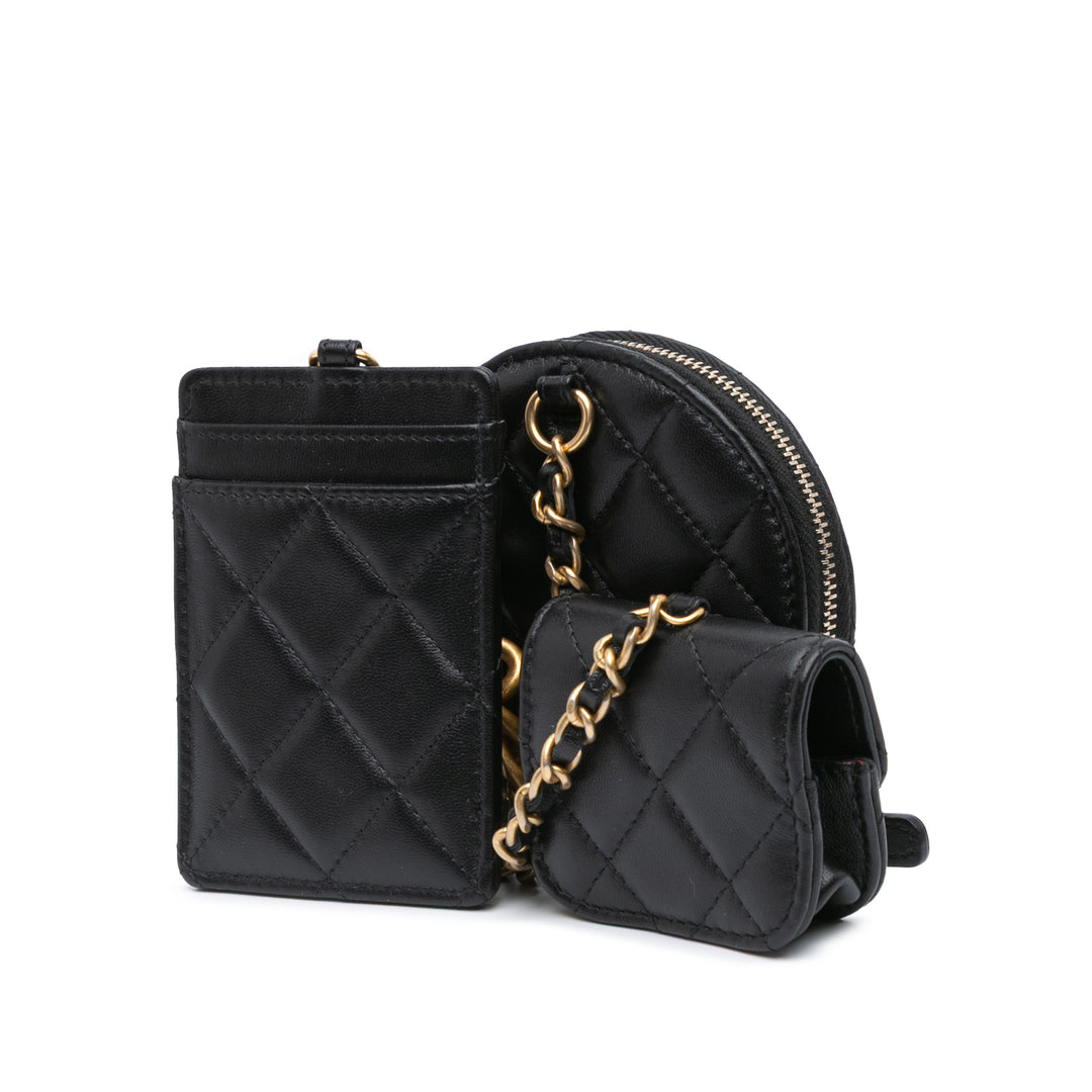 Lambskin Pearl Crown CC Wristlet Multi Pouches Black - Gaby Paris