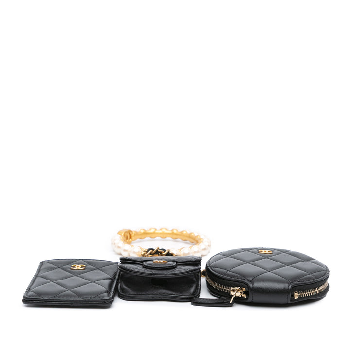 Lambskin Pearl Crown CC Wristlet Multi Pouches Black - Gaby Paris