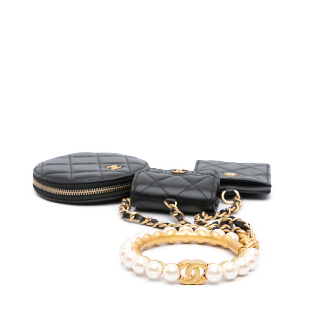 Lambskin Pearl Crown CC Wristlet Multi Pouches Black - Gaby Paris
