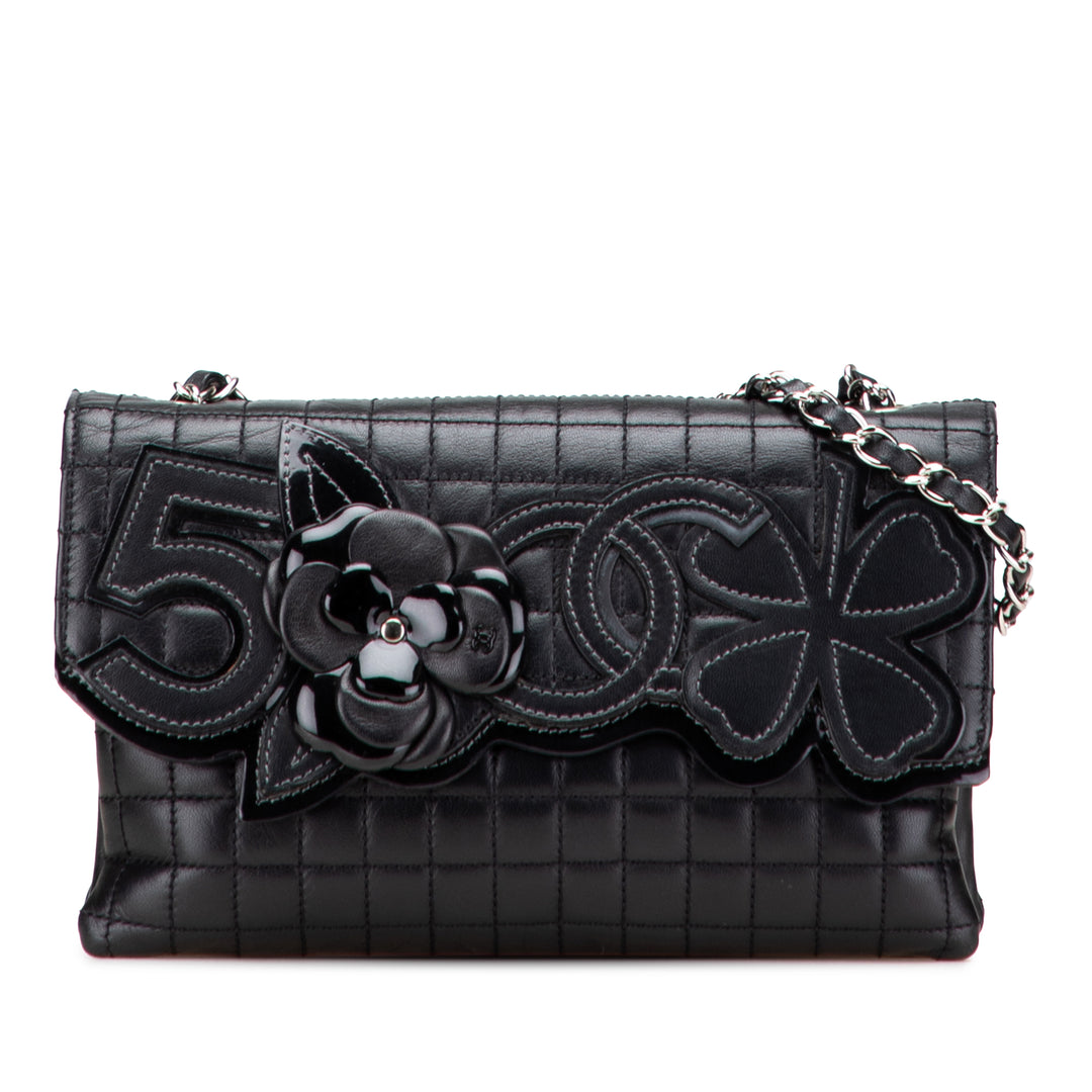 Choco Bar Calfskin No. 5 Camellia CC Shoulder Bag Black - Gaby Paris