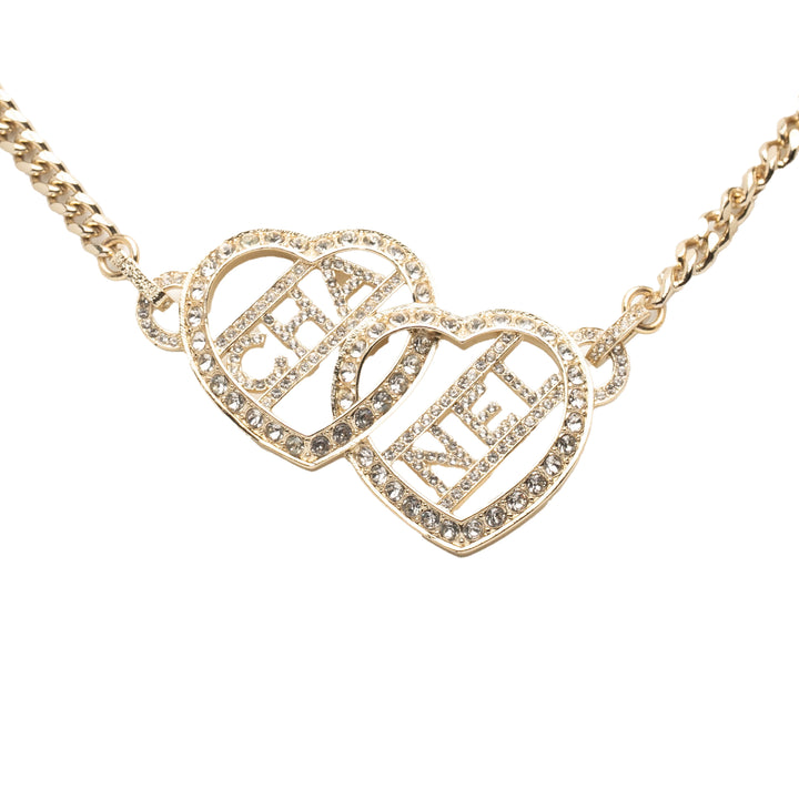 Chanel Doré Plated Rhinestones Heart Logo Choker Collier Doré