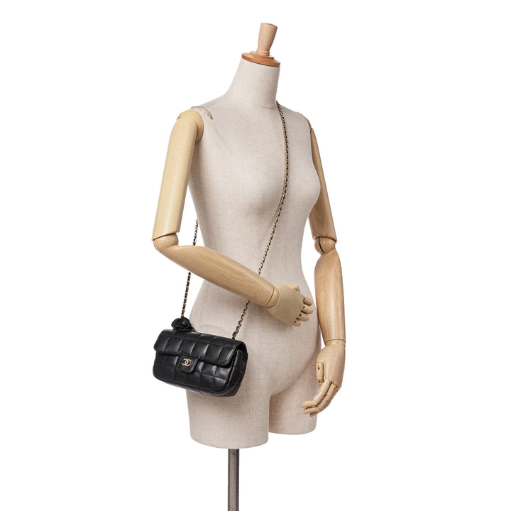 Extra Mini Camellia Choco Bar Lambskin Flap Black - Gaby Paris