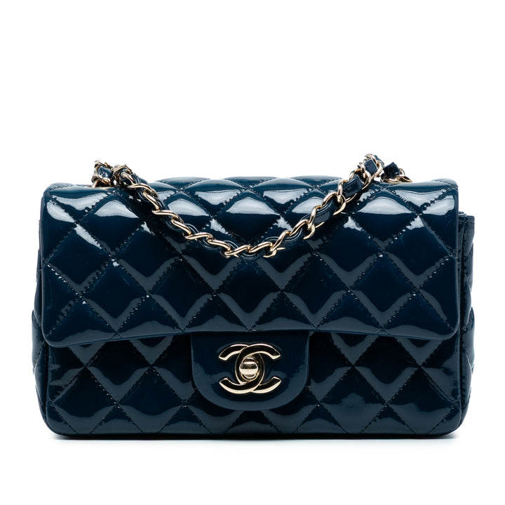 Chanel Mini Rectangular Classic Cuir verni Simple rabat Bleu