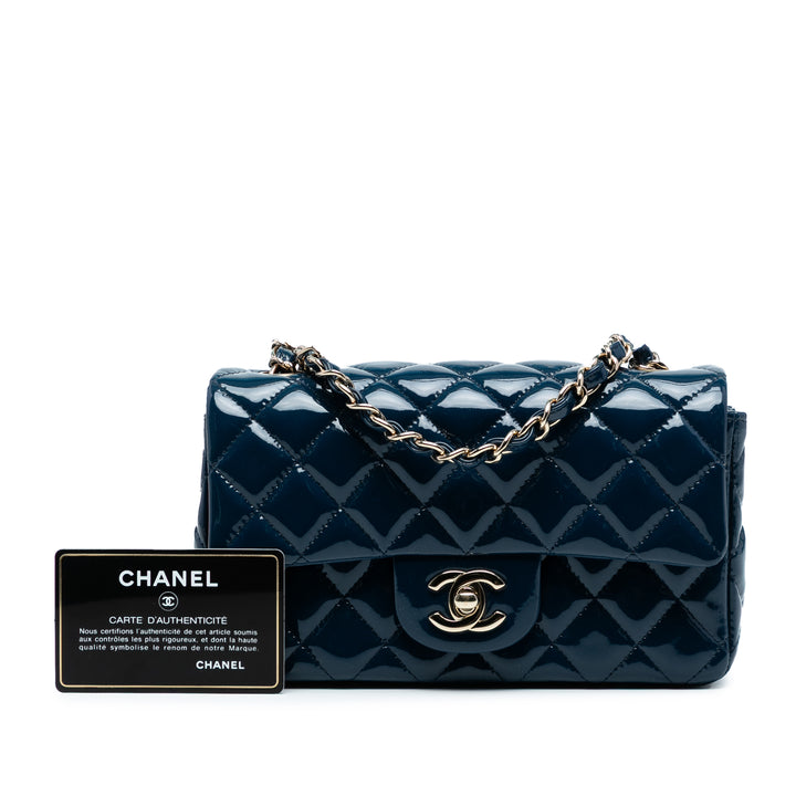 Chanel Mini Rectangular Classic Cuir verni Simple rabat Bleu