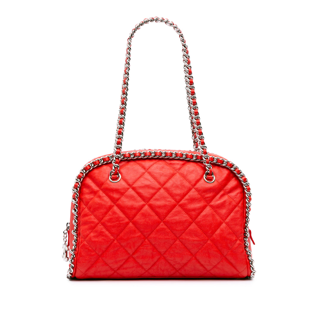 Quilted Washed Lambskin Chain Around Bowler Red - Gaby Paris