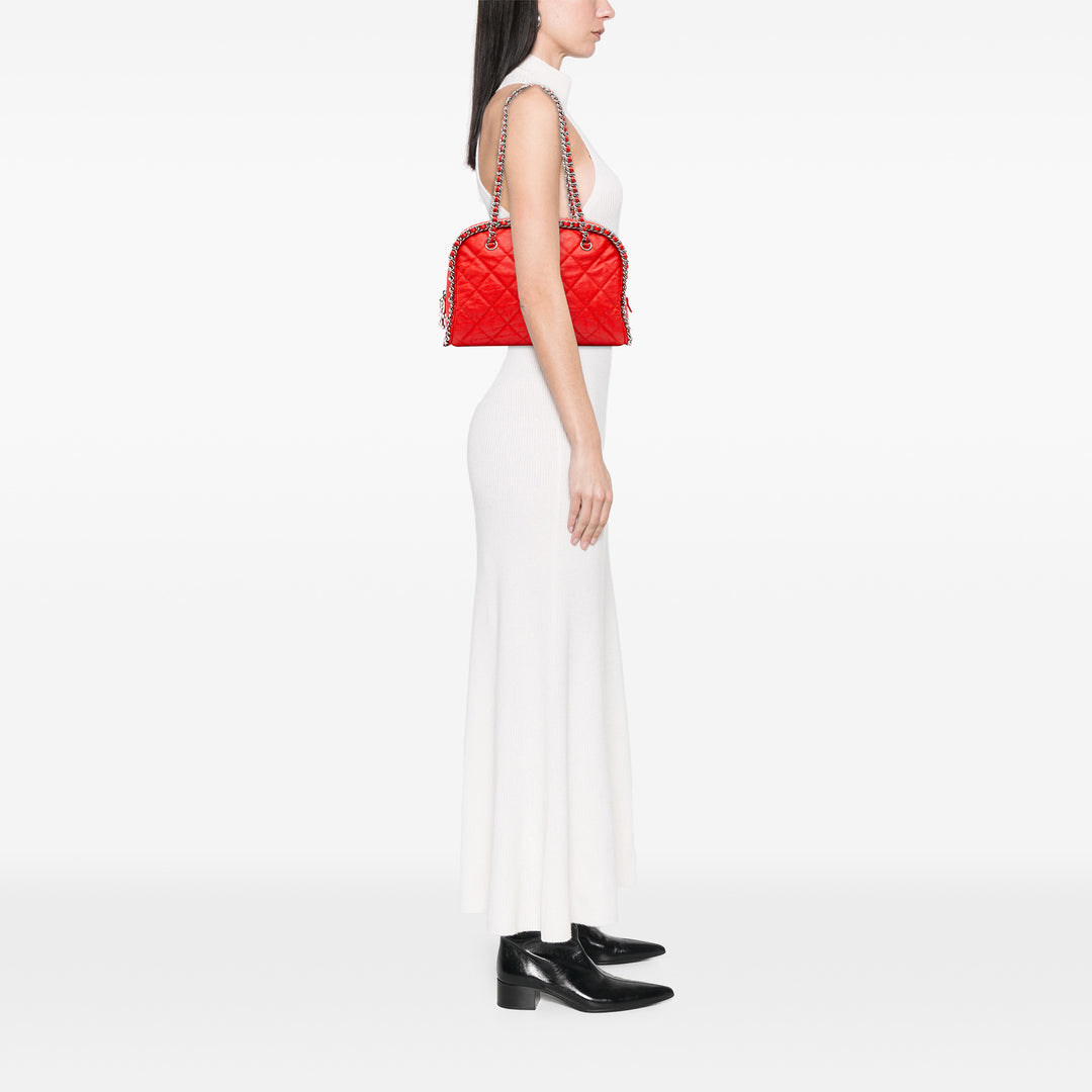 Quilted Washed Lambskin Chain Around Bowler Red - Gaby Paris