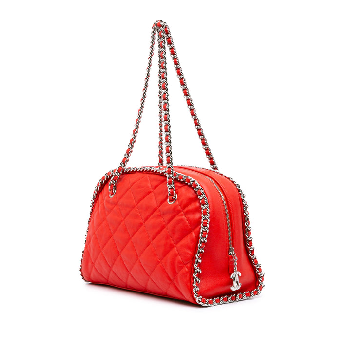 Quilted Washed Lambskin Chain Around Bowler Red - Gaby Paris