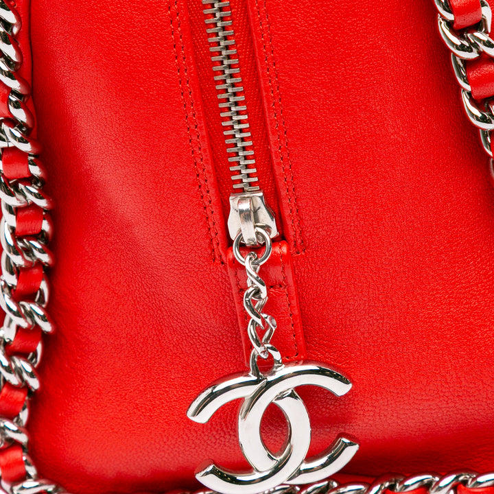 Quilted Washed Lambskin Chain Around Bowler Red - Gaby Paris