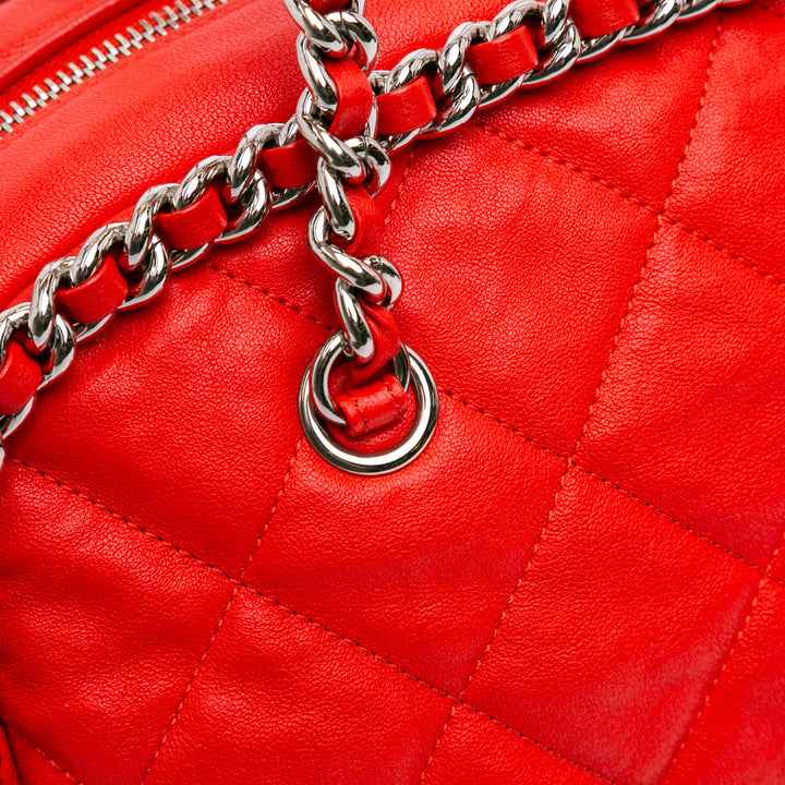 Quilted Washed Lambskin Chain Around Bowler Red - Gaby Paris