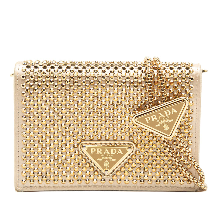 Prada Cristal Embellished Satin Card Holder avec chaîne