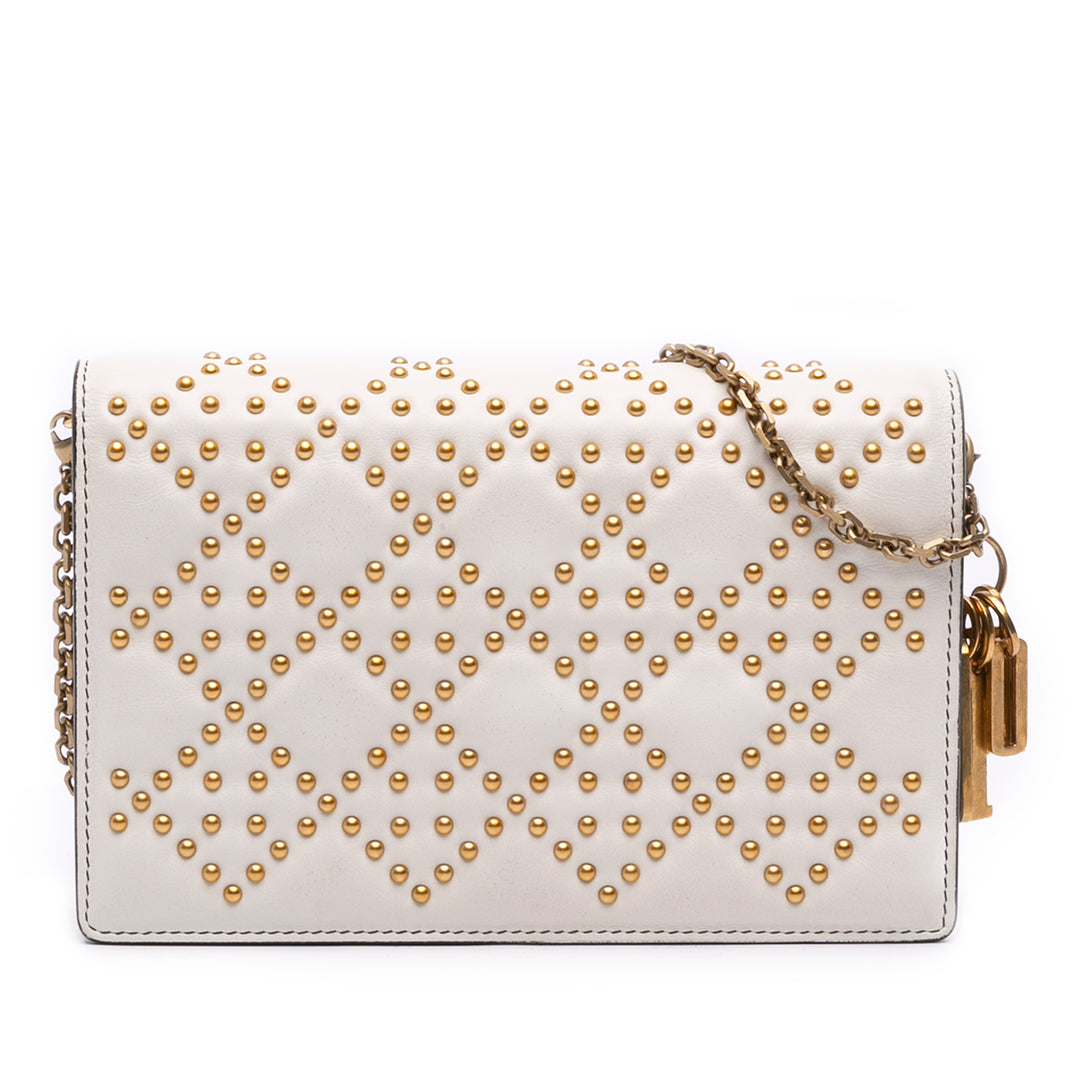 Studded Calfskin Cannage Lady Dior Wallet on Chain White - Gaby Paris