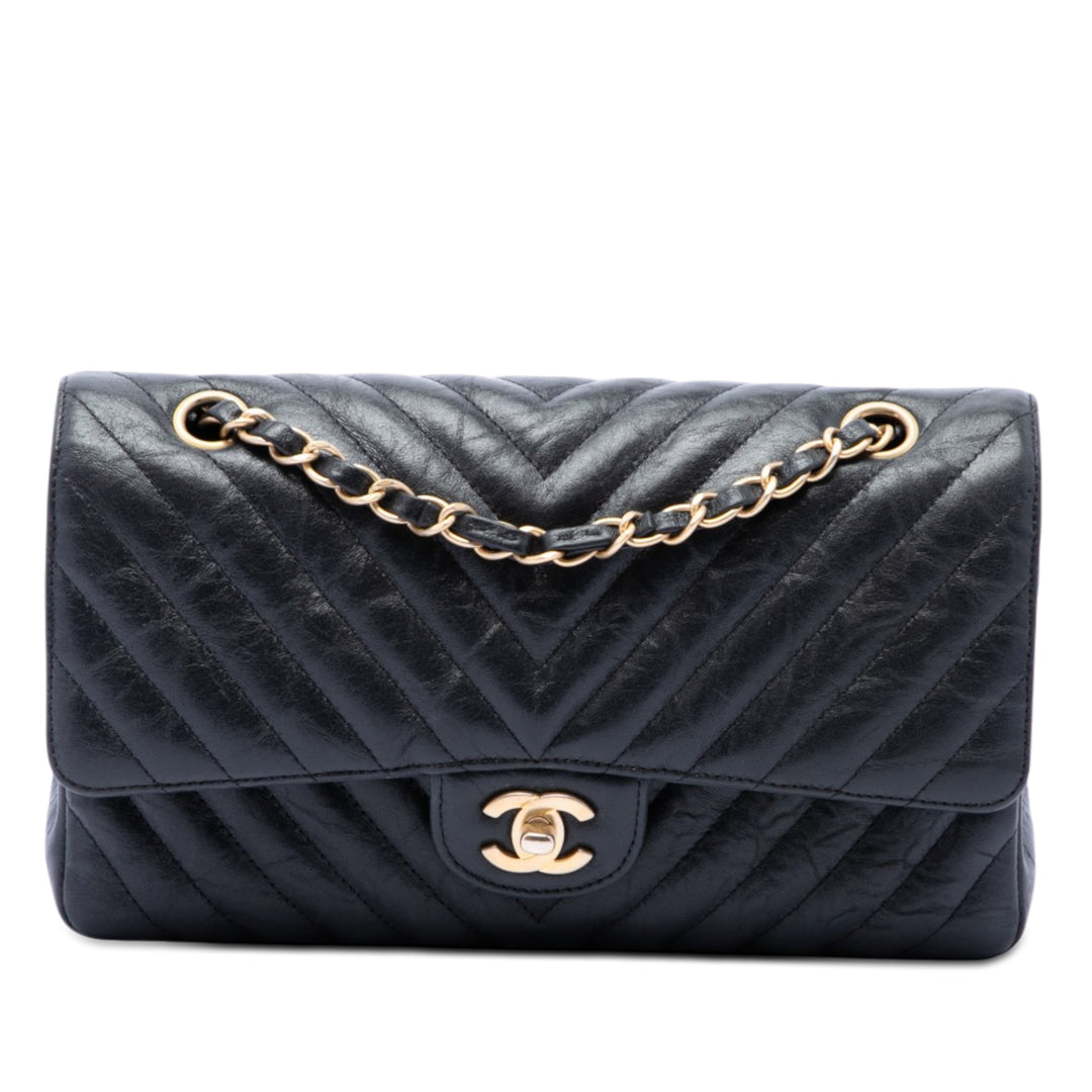 Chanel Classic Chevron Froissé Double rabat Moyen Cuir de veau