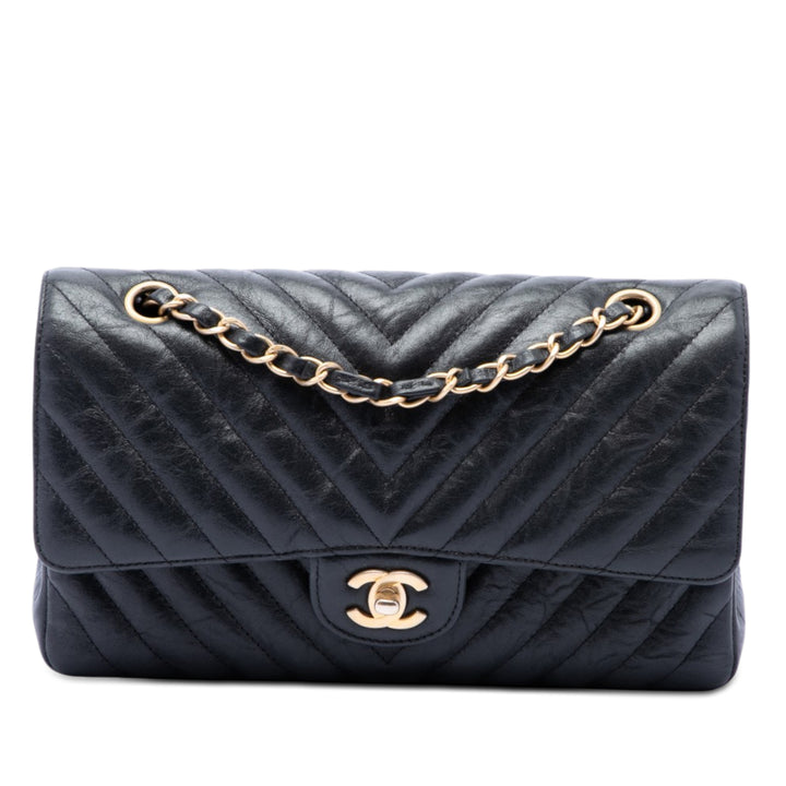 Chanel Classic Chevron Froissé Double rabat Moyen Cuir de veau