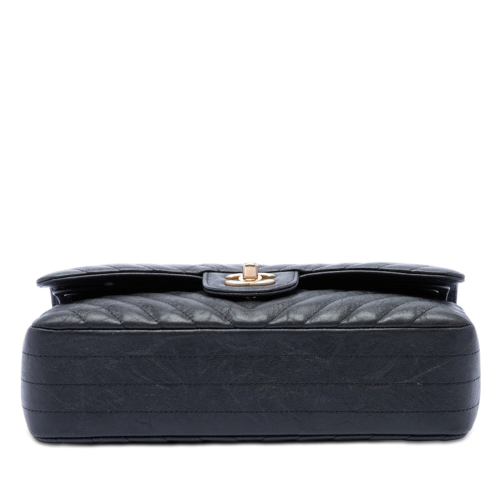 Chanel Classic Chevron Froissé Double rabat Moyen Cuir de veau