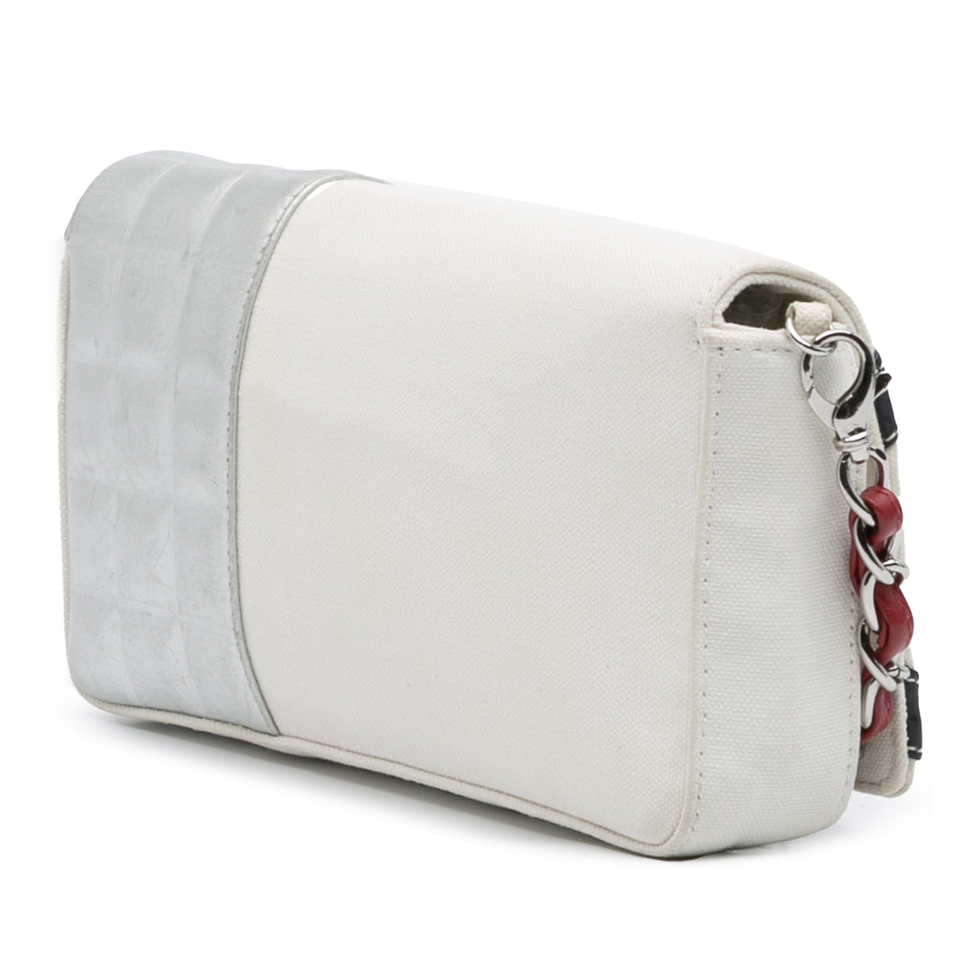 Chanel CC Toile and Métallisé Cuir d’agneau No. 5 Chain Flap Blanc