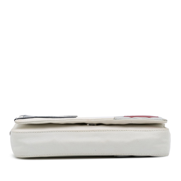 Chanel CC Toile and Métallisé Cuir d’agneau No. 5 Chain Flap Blanc