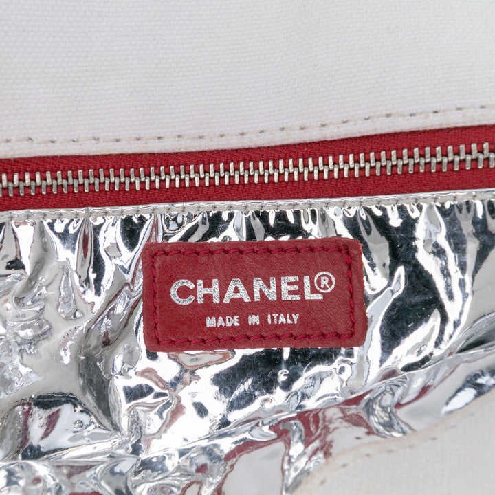Chanel CC Toile and Métallisé Cuir d’agneau No. 5 Chain Flap Blanc