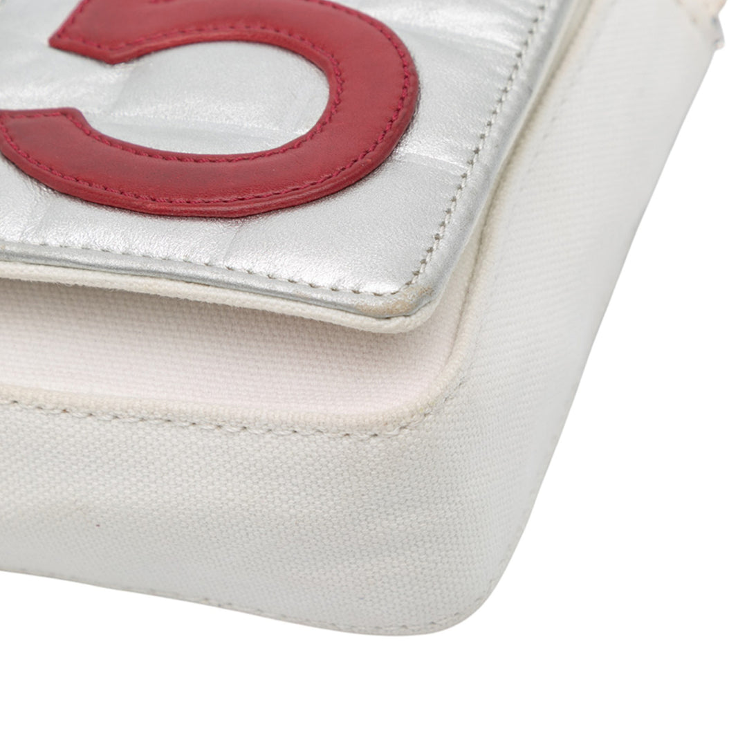 Chanel CC Toile and Métallisé Cuir d’agneau No. 5 Chain Flap Blanc