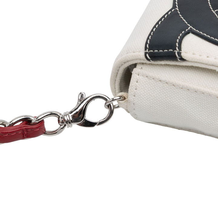 Chanel CC Toile and Métallisé Cuir d’agneau No. 5 Chain Flap Blanc