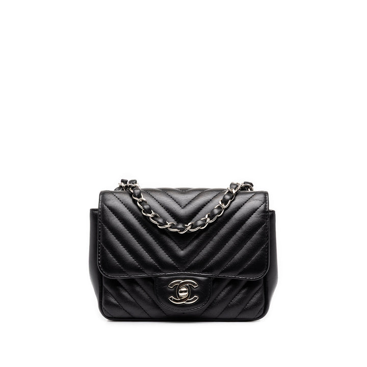 Chanel Classic Carré Chevron Rabat simple Mini Cuir d'agneau Noir