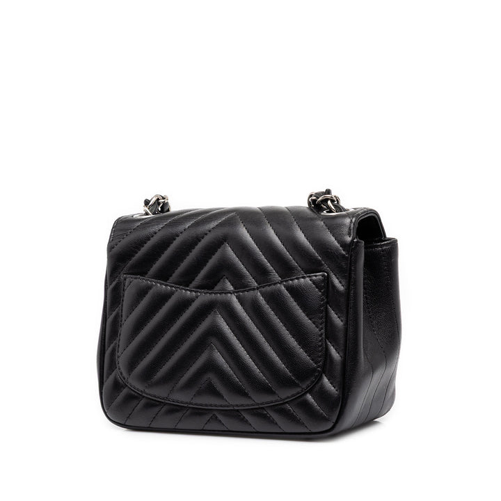 Chanel Classic Carré Chevron Rabat simple Mini Cuir d'agneau Noir