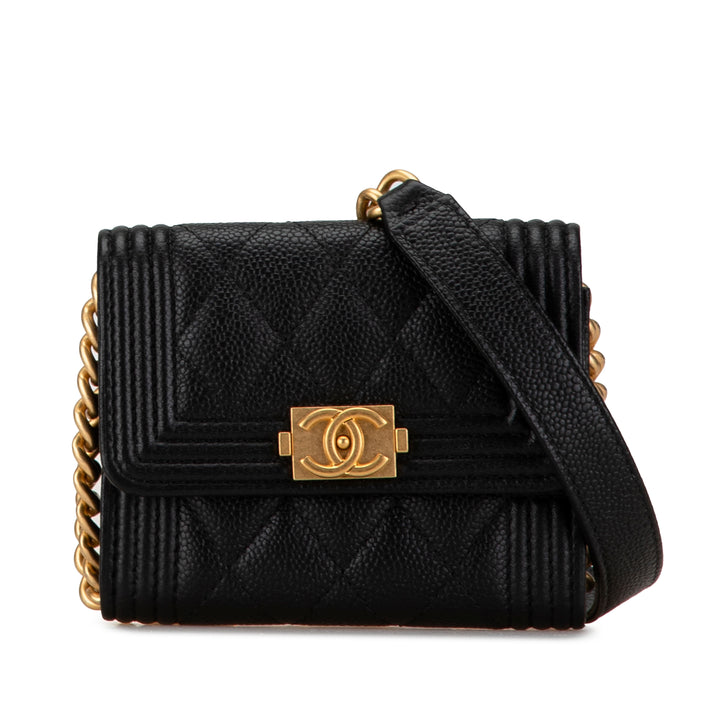 Quilted Caviar Boy Card Holder with Chain Black - Gaby Paris