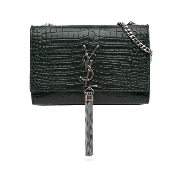 Medium Croc Embossed Leather Kate Tassel Green - Gaby Paris