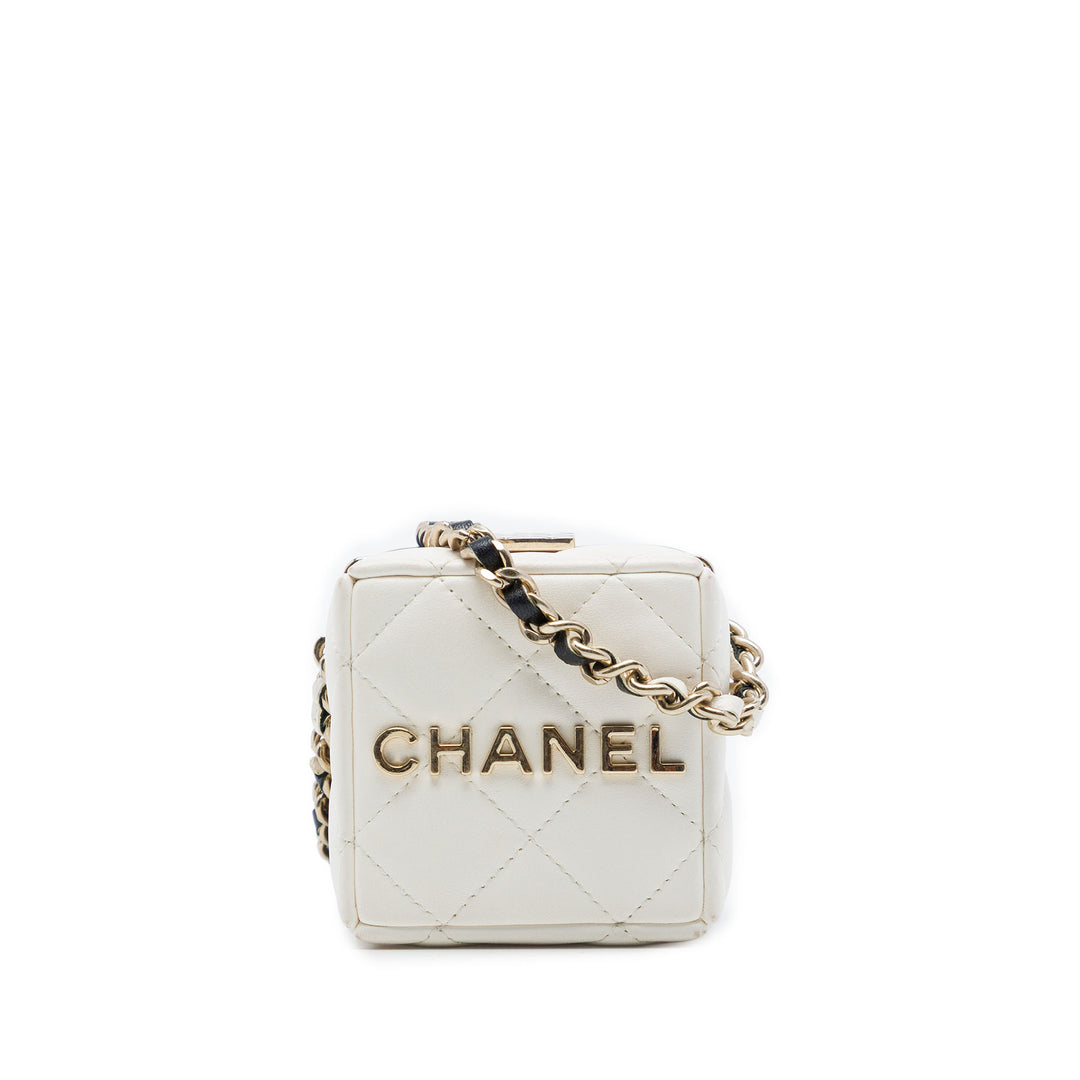 Bicolore Matelassé Cube Pochette avec chaîne Cuir d'agneau Noir