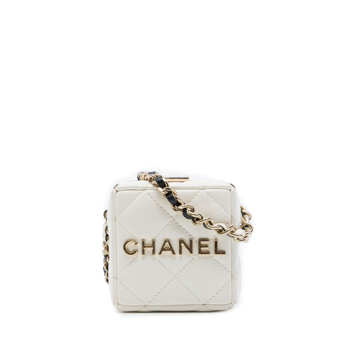 Bicolore Matelassé Cube Pochette avec chaîne Cuir d'agneau Noir