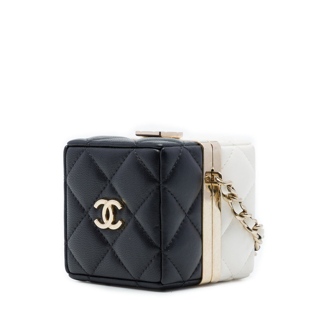 Bicolore Matelassé Cube Pochette avec chaîne Cuir d'agneau Noir