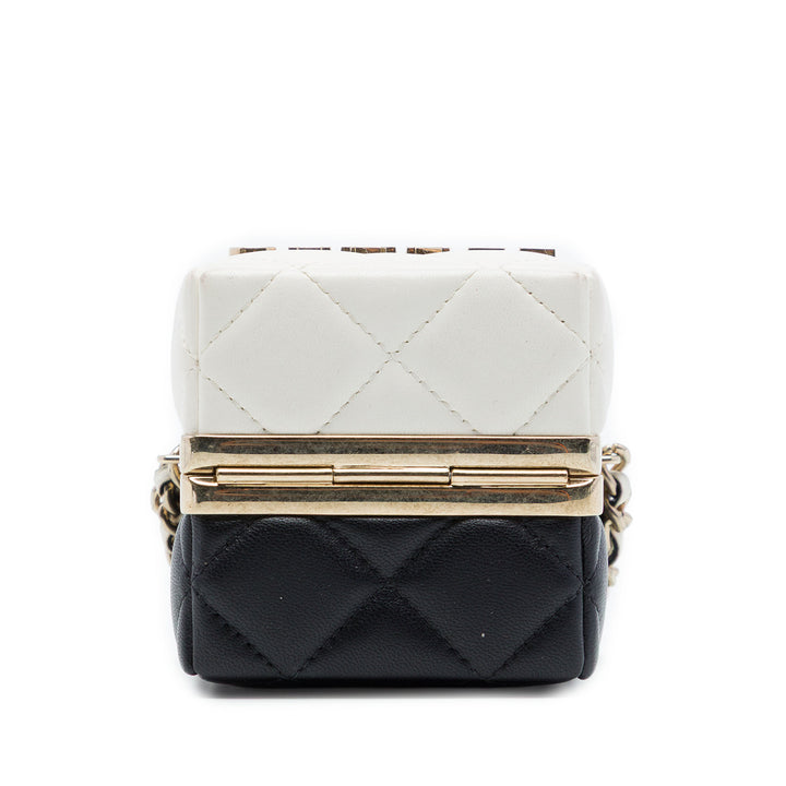 Bicolore Matelassé Cube Pochette avec chaîne Cuir d'agneau Noir