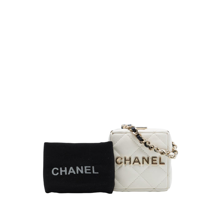 Bicolore Matelassé Cube Pochette avec chaîne Cuir d'agneau Noir